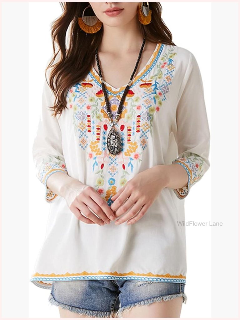 Embroidered 3/4 Sleeve V Neck Peasant Tunic Blouse Flowy Boho Top